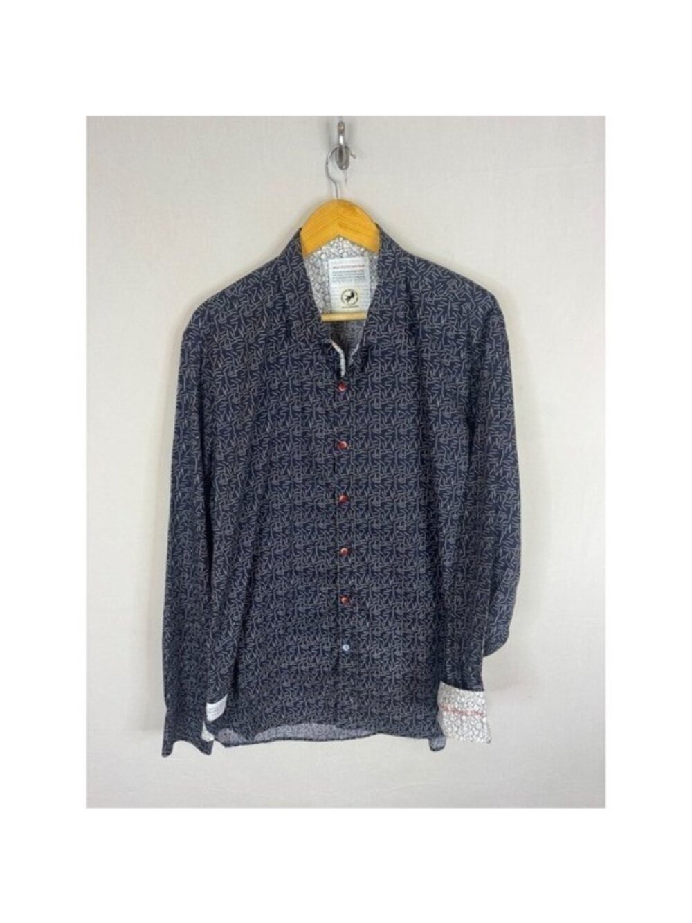 A Fish Named Fred Mens XXL Matchstick Print Button Down Shirt Navy Blue Stretch